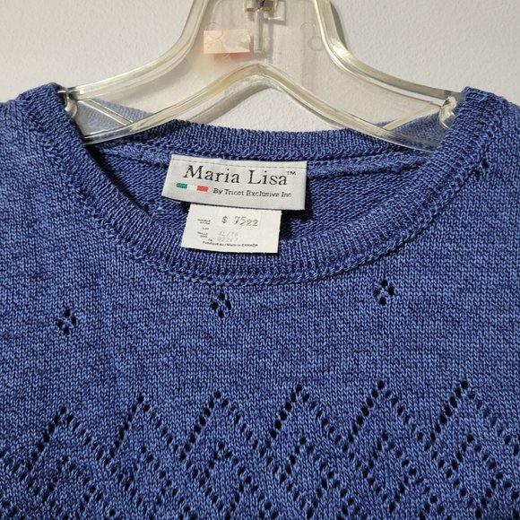 Vintage crochet knit short sleeve pullover sweater, royal blue, L and XL - Picture 3 of 6